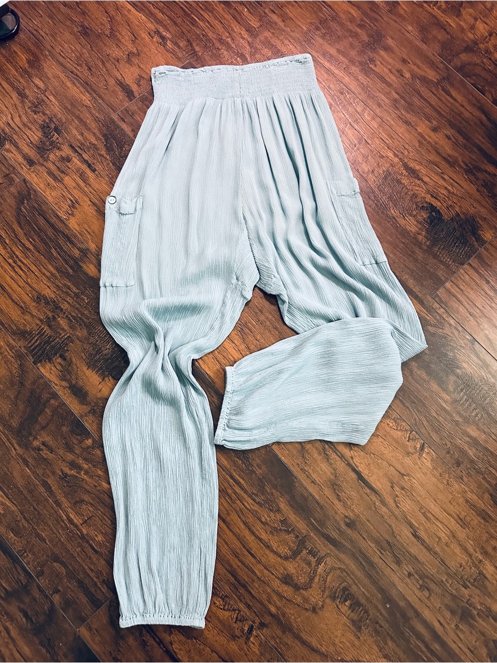 Light Blue Smocked Waist Harem Pants